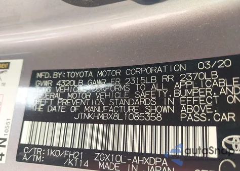 2020 Toyota C-Hr Le из США, поврежденный, VIN JTNKHMBX8L1085358